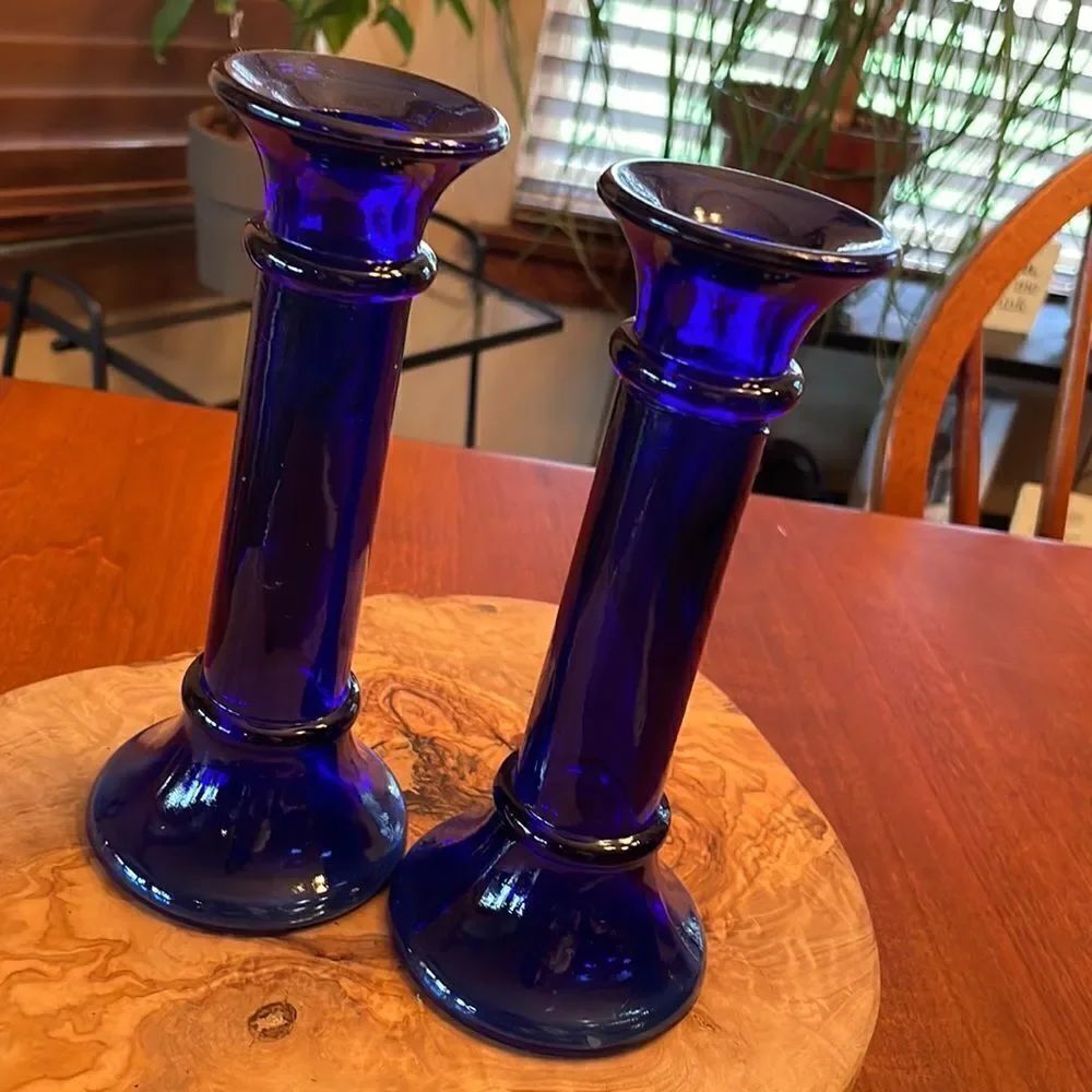 Pair of Cobalt Blue Glass Candlestick Holders